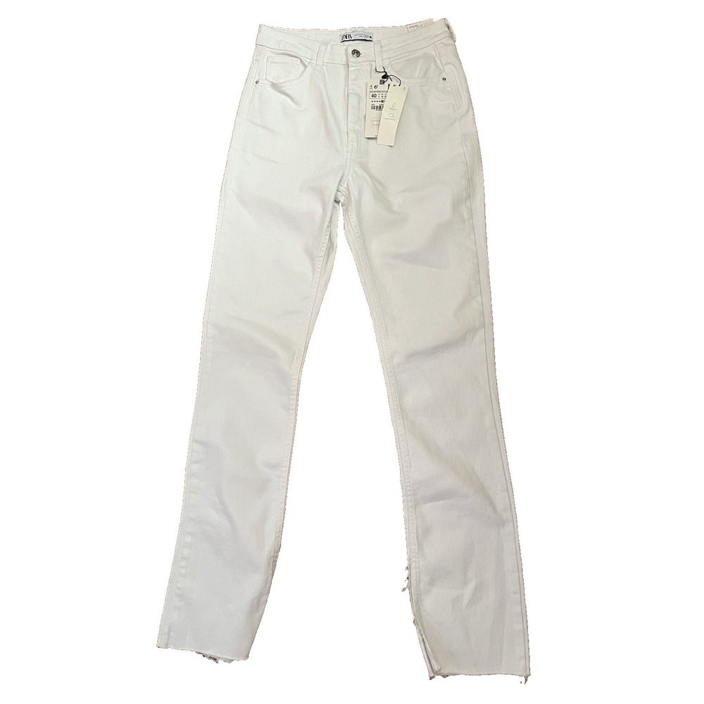 Zara Womens Size 8 High Rise Slim Flare White Denim Jeans Side Slit NWT